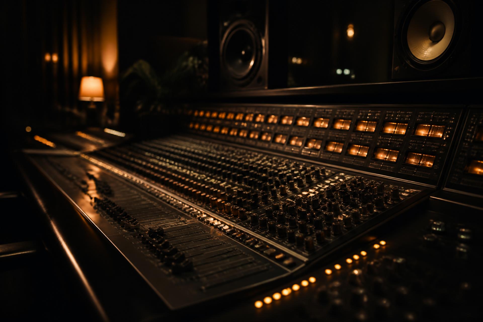 Professional mixing console glowing in a dark recording studio